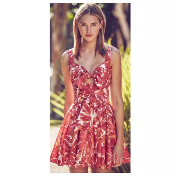 Alexis Floral Print Dress Orange Pink Tie Bow Size M - Picture 2 of 8